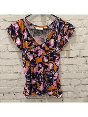 Maeve Anthropologie Top XS floral ruffle sleeve multicolor orange pink purple